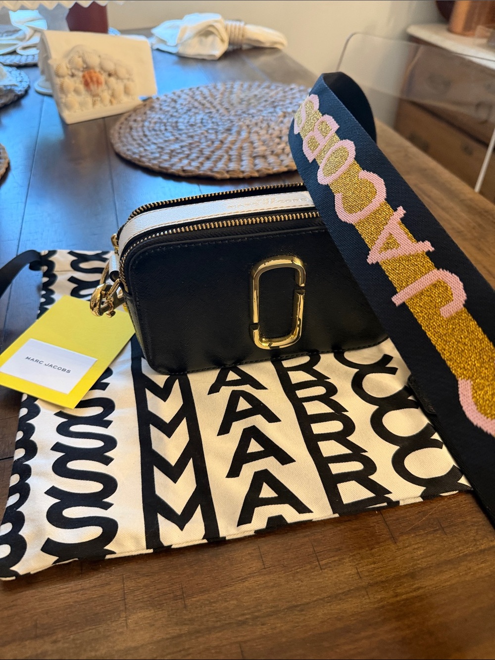 Marc Jacobs Black Leather Snapshot Camera Bag with Pink & Gold Logo Strap